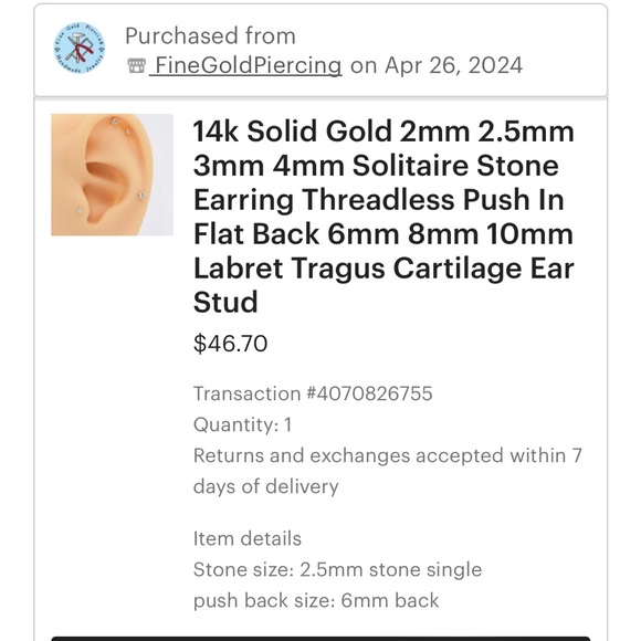 14K gold CZ push back flat back stud - Picture 2 of 4